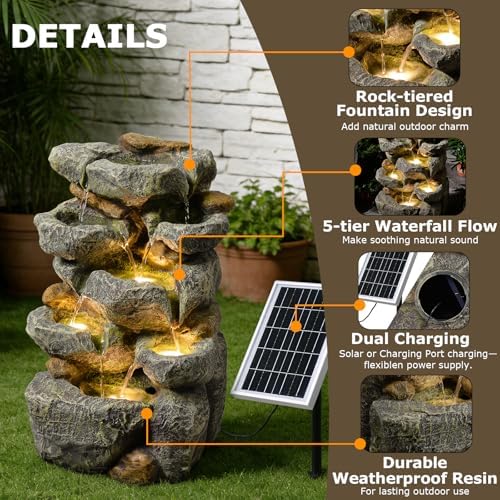 5 Tiered Solar Water Fountain Outdoor Garden with LED Lights - Image 4