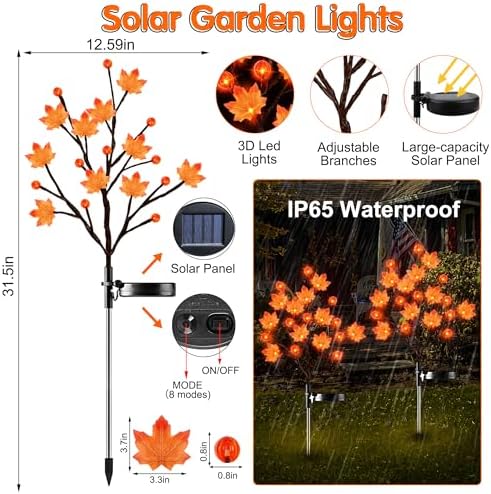 2 Pack Fall Decor Thanksgiving Decorations Lights Solar Lights Outdoor with 3D Maple Pumpkin, 8 Modes Fall Thanksgiving Lights Outdoor Solar Lights Waterproof for Yard Decor - Image 6