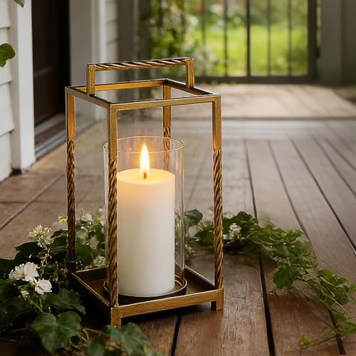 13" Modern Metal Lantern with Twisted Rope-style Frame In Antique Brass with Glass Hurricane For Pillars, String Light. Centerpiece, Mantel, Ambient Lighting, Farmhouse, Transitional, Patios, Entryway - Image 3