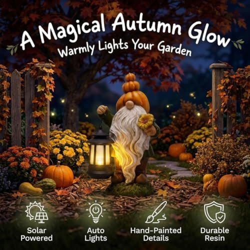 TERESA'S COLLECTIONS Fall Outdoor Decor Pumpkin Gnome Solar Statue 11.6" - Image 4