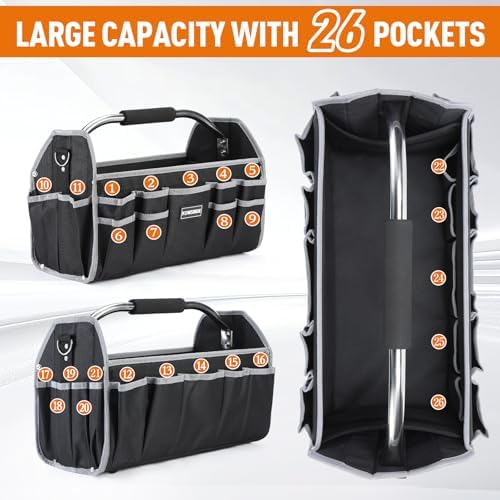 Kowsinde 18 Inch Tool Bag, Electrician Tool Bag, Open Top Tool Bags, 26 Pockets Can Hold Many Tools, Steel Handle and Removable Shoulder Strap - Image 4