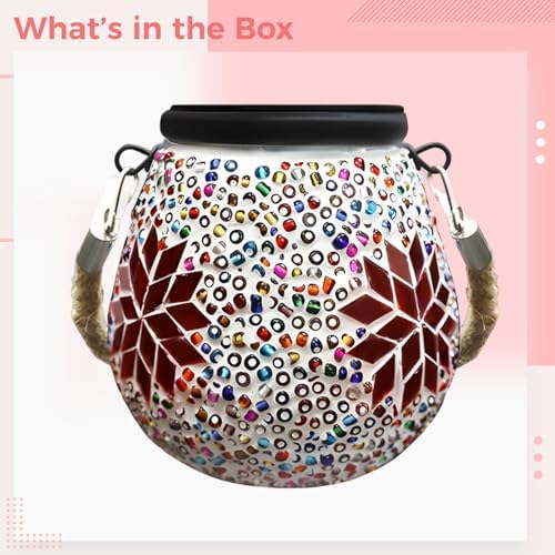 Mosaic Solar Lights Outdoor Waterproof, Hanging Solar Lantern with Stained Glass Design, Maple Leaf Pattern Tabletop Lights, No Wiring, Auto On Off, 4.33 x 4.33 in, 11 x 11 cm for Patio, Garden - Image 2
