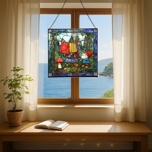 Gnome Hanging Laundry Stained Glass Suncatcher – Square Hanging Window Panel for Home, Garden, Nursery, Halloween, Christmas, Memorial Day – Whimsical Glass Art Gift for Gnome Lovers jfqeo9 - Image 6