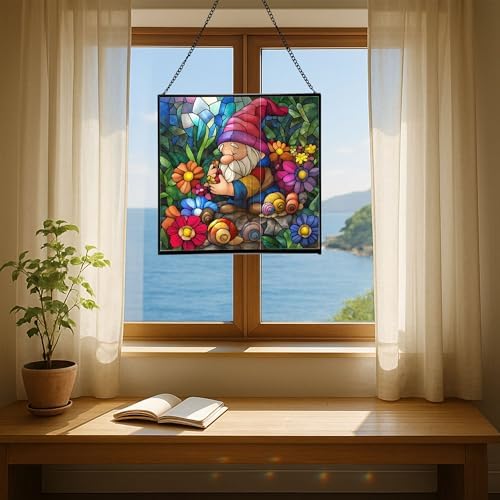 Gnome and Snail Friends Stained Glass Suncatcher – Square Hanging Window Panel for Home or Greenhouse – Whimsical Glass Art Gift for Garden Lovers, Christmas, Halloween, Father Days MKtJDN - Image 6