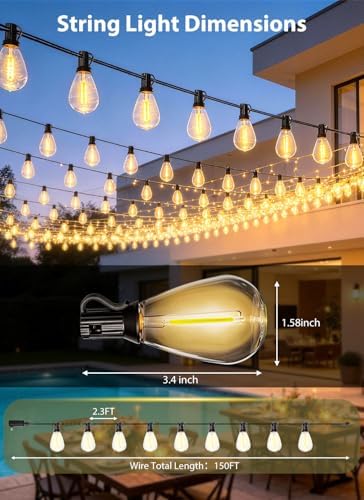 150FT Outdoor String Lights with 50+2 S11 LED Bulbs, Waterproof Dimmable Patio Lights with Remote, Shatterproof E12 Hanging Bistro Lights for Backyard, Porch, Garden, Deck Outdoor Decor - Image 2