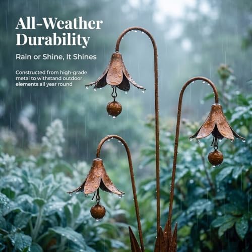 Triple Bluebells Garden Stake with Bell Metal Flower Outdoor Yard Decoration Weather Resistant Rustic Decorative Stake for Lawns Patios and Garden Beds - Image 2