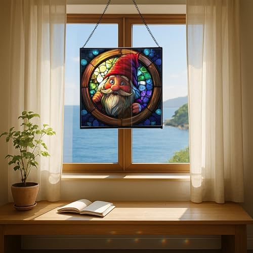 Stained-Glass Window Gnome Stained Glass Suncatcher – Square Hanging Window Panel for Home or Greenhouse – Whimsical Glass Art Gift for Garden Lovers, Christmas, Halloween, Father Days f4NVcT - Image 6