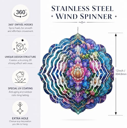 Shwing 12 Inch Wind Spinner Hanging Wind Sculptures Lotus Flower Metal Decor Double Sided Outdoor Kinetic Garden Art 3D Wind Spinner Hanging Ornament for Patio Porch Balcony Backyard Tree Decor - Image 3
