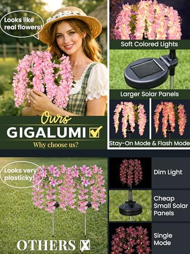 GIGALUMI 3 Pack Solar Wisteria Flowers Outdoor, 2 Modes, Pink - Image 2