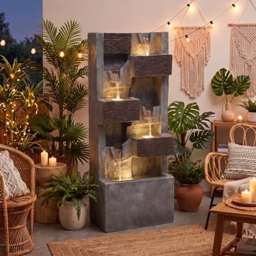 40" H Modern Outdoor Water Fountain, 5-Tier Waterfall with LED Lights by Callales