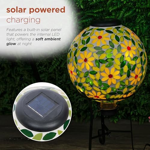 Alpine Corporation 10" Diameter Outdoor Solar Floral Mosaic Glass Gazing Globe with Metal Stand, Gazing Balls Yard Decor, 17" H - Yellow - Image 4