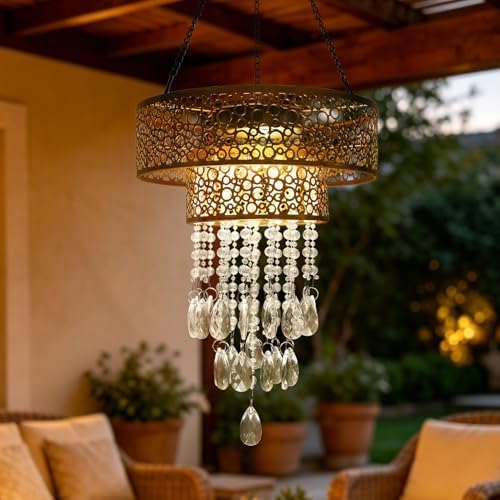 Solar Powered Hanging Chandelier Gold Metal Frame Acrylic Crystal Waterproof Outdoor Hanging Light for Patio, Wedding, Party, Garden Decor Rechargeable LED Pendant Lamp with Auto On/Off - Image 5