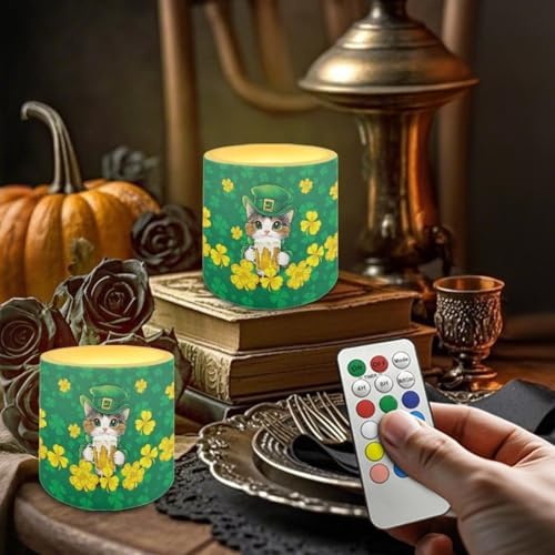 St Patrick's Day Shamrocks Cats Battery Operated Flameless Candles with Remote and Timer Flameless LED Pillar Candles for Party, Banquet, Home Decoration Battery Tealights - Image 4