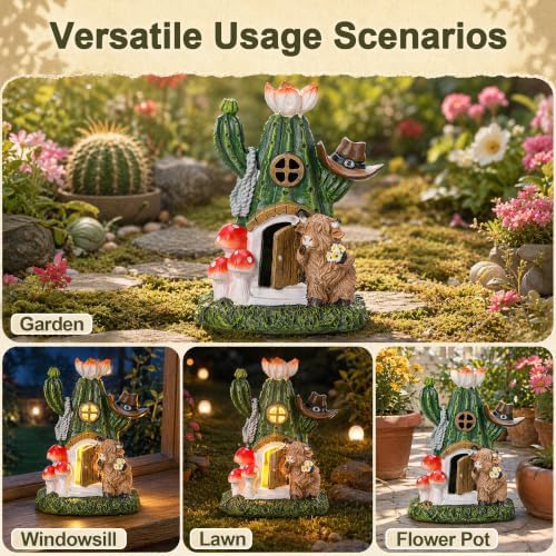 Fairy House Outdoor Figurine Lights, Highland Cow Garden Statue and Solar Cactus Mushroom House for Yard Patio Lawn Decor, Fairy Houses for Outside, Unique Garden Gifts for Women Mom - Image 6