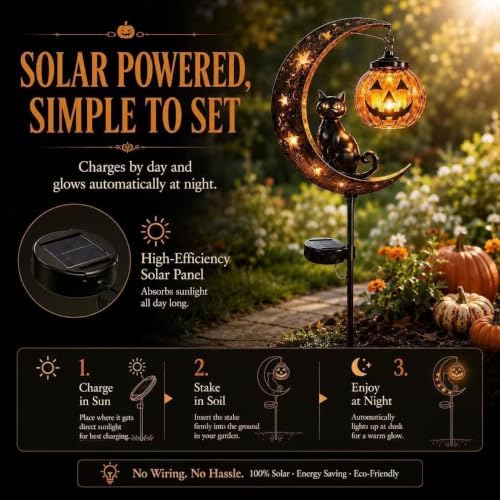 Halloween Moon Cat Solar Stake Light Pumpkin Lantern Outdoor Garden Ornamen - Image 2