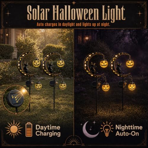 2 Pack Solar Halloween Pumpkin Moon Black Cat Garden Stake Lights Outdoor - Image 2