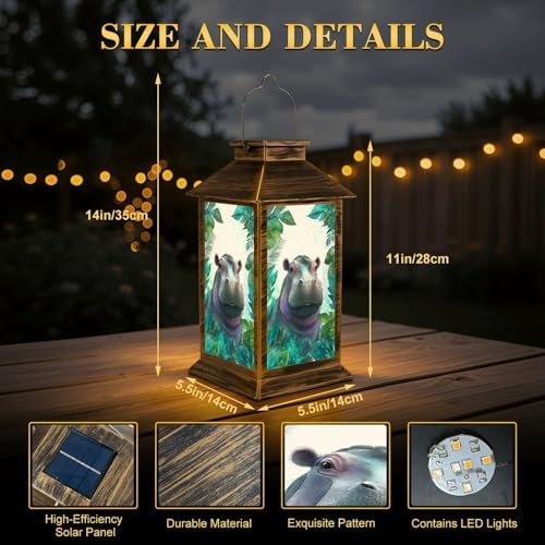Solar Lantern Outdoor Waterproof Watercolor Hippo Portrait Cute Boho Feathers Prints Animals Posters Garden Decor LED Hanging Solar Lights Tabletop Lamp Gifts for Women Mom Outside Yard Patio Porch - Image 2