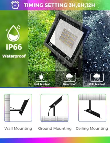 L LOHAS LED 25W RGB Flood Light Outdoor Remote Color Changing 2 Pack - Image 4