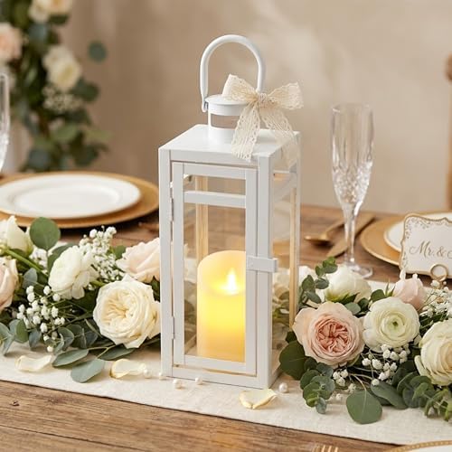 TRIROCKS Decorative Candle Lantern 12'' High Metal Candle Holder with Tempered Glass Perfect for Home Decor Living Room Parties Events Tabletop Indoor Outdoor (White) by TRIROCKS