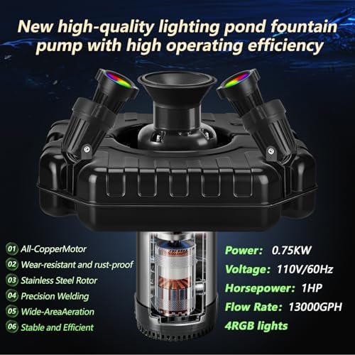 Pond Fountain Aerator，1HP 110V 750W，4RGB Lights Fountain Pump - Image 2