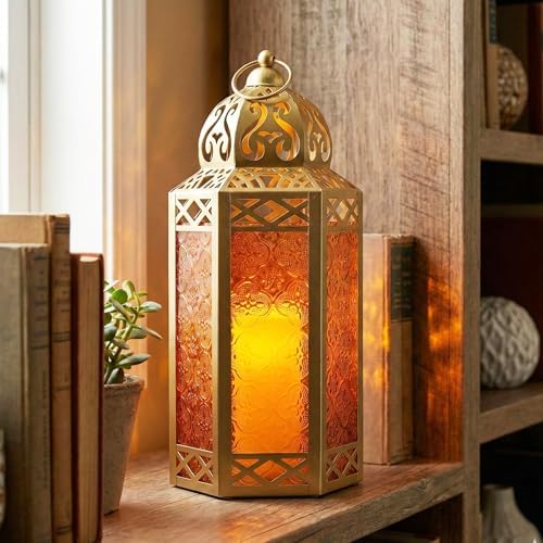 Vela Lanterns 12" Metal Moroccan Decorative Candle Lantern Holders for Hanging or Table, Indoor Home Decor, Outdoor Patio or Porch, Weddings, Gold, Amber Glass, Large - Image 6