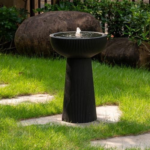23.23" H Outdoor Water Fountain Made with Eco-Friendly Recyclable Materials, Polyethylene Bird Bath Bubbler Water Fountain Outdoor, Garden Decor with LED Light & Pump for Patio (Black) by PUULYE
