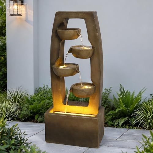 37.6" Modern 4-Bowl Outdoor Water Fountain with LED Lights and Pump, Floor Standing Waterfall Feature Outdoor Garden Fountain for Garden, Patio, Porch, Yard and Backyard Decor, Brown - Image 2