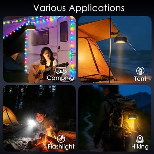 4 in 1 Solar Camping String Lights, 5200mAh 33FT RGB Fairy String Light, Waterproof Hanging String Lights with 9 Lighting Modes, USB-C Rechargeable Tent Lantern, Camping Essentials - Image 6