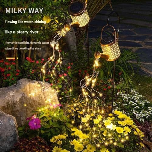 Outdoor Decorative LED Watering Can Light Stake, Copper Metal Garden Art with Star Pattern, Black Stand, Outdoor Solar Fountain - Image 5