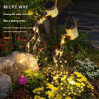 Outdoor Decorative LED Watering Can Light Stake, Copper Metal Garden Art with Star Pattern, Black Stand, Outdoor Solar Fountain - Image 5