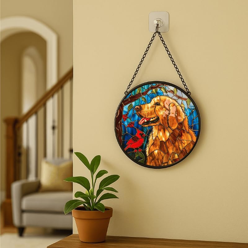 Stained Glass Window Hanging - Golden Retriever & Cardinal Bird 11.8in Sun Catchers Indoor Stained Glass Panels Wall Decor for Mom, Wife, Lovers, Festive - Image 6