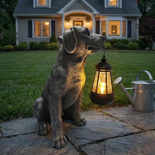 Dog Statue with Solar Lantern - Outdoor Statue Home Decor for Garden Backyard Porch Patio, 10.5 IN Puppy Lamps Figurine Lights Decorations Gift for Birthday, Valentine's Day, Dog Lovers (Cement) - Image 4