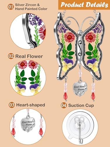 KY&BOSAM God Bless Nurse Butterfly Suncatcher with Pressed Flower Wings Nurse's Day Butterfly Stain Glass Catchers Wind Chime Ornament Charm with Metal Heart Gifts for Nurses Birthday Christmas - Image 5