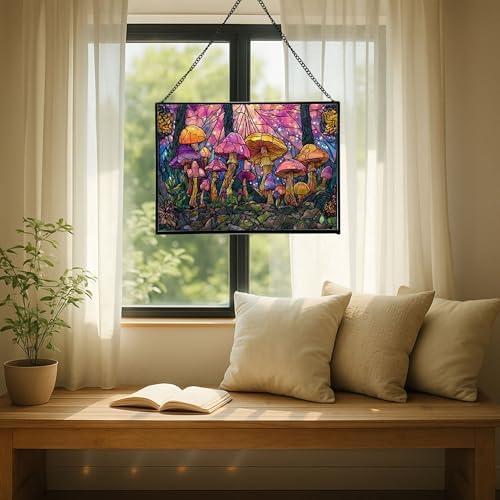 Rainbow-Colored Mushroom Cluster Rectangular Stained Glass Suncatcher – Hanging Window Panel with Animal & Nature Scene – Vibrant Glass Art Gift for Wildlife, Fantasy, Nature Lovers kE49ZM - Image 7