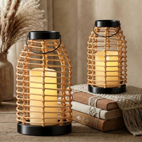 Rattan Lanterns Decorative Indoor 2-Pack, Handmade Boho Candle Lantern - Image 5