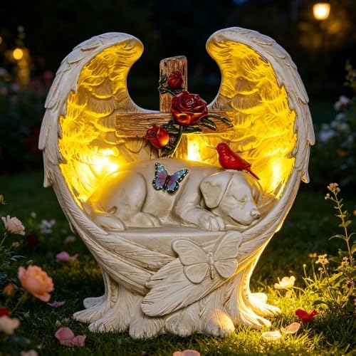 Dog Memorial Stone Solar Angel Wings Garden Statue 10inch by YHSOLAR