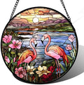 Stained Glass Window Hanging - Flamingo Wildflowers Landscape Suncatcher for Door Terrace Garden Home Decor Sunset Lake Sun Catcher Birthday Gifts for Lovers Women Men Dad Mom Nana 15 in by JOSUMALY