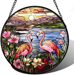 Stained Glass Window Hanging - Flamingo Wildflowers Landscape Suncatcher for Door Terrace Garden Home Decor Sunset Lake Sun Catcher Birthday Gifts for Lovers Women Men Dad Mom Nana 15 in by JOSUMALY