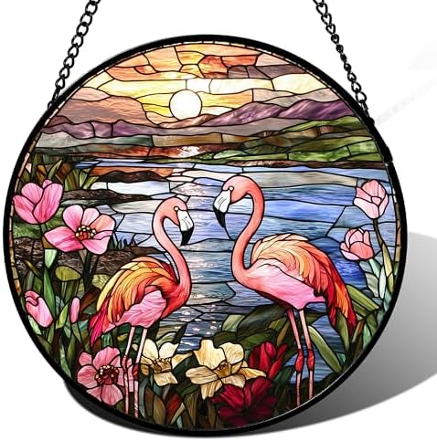 Stained Glass Window Hanging - Flamingo Wildflowers Landscape Suncatcher for Door Terrace Garden Home Decor Sunset Lake Sun Catcher Birthday Gifts for Lovers Women Men Dad Mom Nana 15 in by JOSUMALY