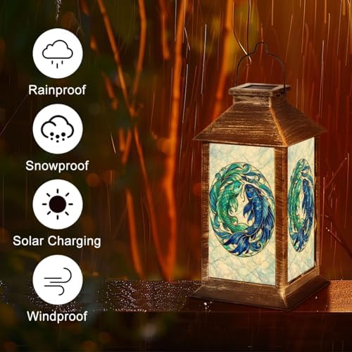 Solar Lantern Elegant Stained Glass Koi Fish Flowing Tails Turquoise Blue Outdoor Waterproof Hanging Solar Light Outside Lights for Patio Yard House Lawn Decor Birthday Gifts for Women Mom - Image 5