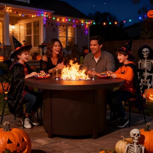 48" Round Propane Fire Pit Table with Lid, 40,000 BTU Outdoor Gas Fire Pits CSA Certified for Outside Steel Tabletop Fire Pit with Blue Glass Rock&Windshield Glass for for Patio, Balcony,Garden - Image 3