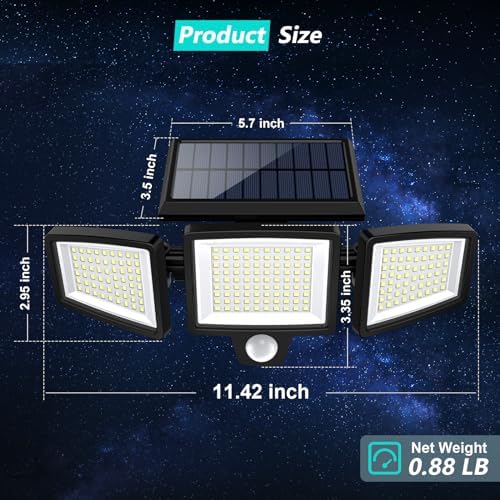 Tuffenough Solar Outdoor Lights 2500LM 210 LED Security Lights with Remote Control,3 Heads Motion Sensor Lights, IP65 Waterproof,270° Wide Angle Flood Wall Lights with 3 Modes(1 Packs) - Image 3