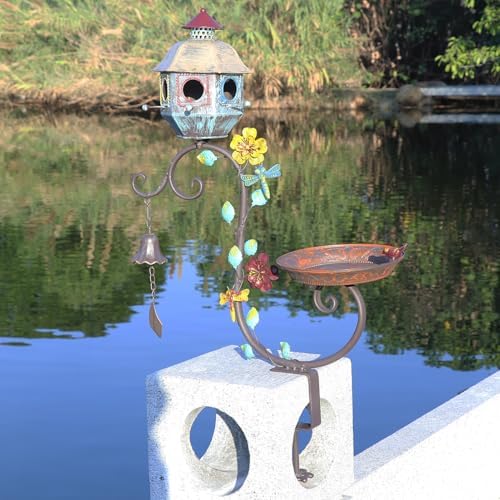 Deck Bird Bath, Metal Bird Bath and Bird Houses, Deck Mounted Bird Bath by HLQMFHT
