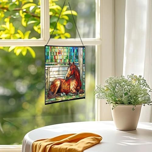 Chestnut Morgan Horse Resting Near barn Window Square Suncatcher – Stained Glass Style Window Panel with Pastoral Scene, Custom Decorative Hanging Art for Equestrian Home, Christmas 7IfYQe - Image 3