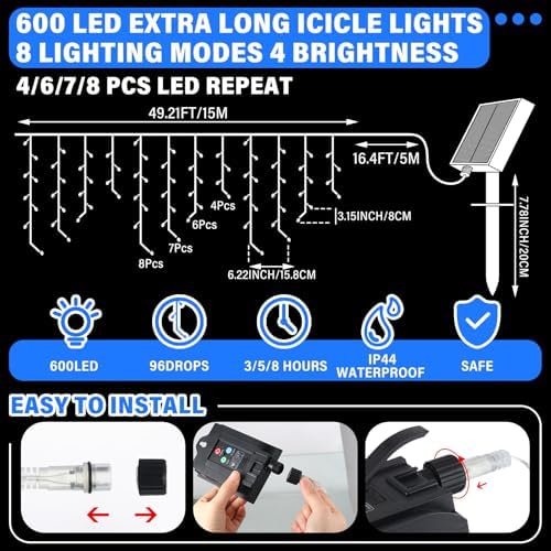 Retisee 65ft Blue White Solar Icicle Christmas Light for Outdoor Decoration - Image 2