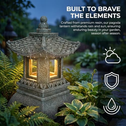 Solar Pagoda Decors Garden Statues, Zen Asian Outdoor Statues Accessories Japanese Pagoda Lamp Lantern for Garden Balcony Patio Porch Yard Art Ornament Decoration, 12 Inches - Image 4