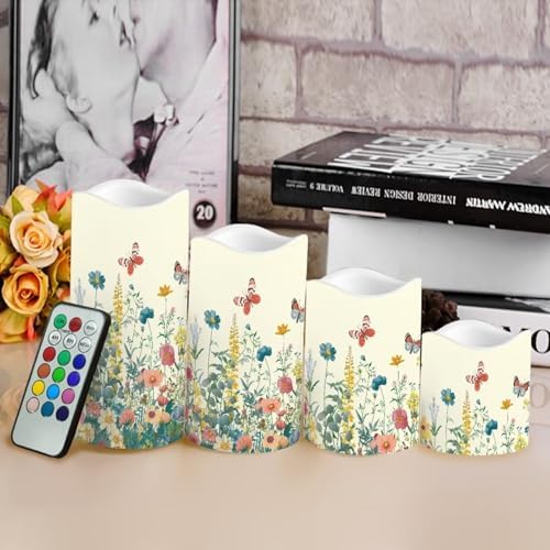 Flameless Pillar Candles Set of 4 Battery Operated Candles with Timer Remote and Color Changing Led Candles Tea Light Fake Candles Living Room Home House Decor Floral and Butterfly - Image 4
