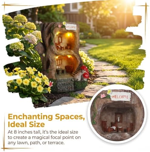 Solar Light Gnome Fairy Garden House for Outside, Big Size Fairy Miniature Buildings Accessories House Sculptures for Outdoor Garden Patio Lawn Path Decorations, 8" Tall - Image 3