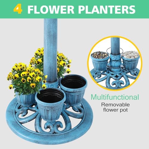 Bird Bath for Outside with 4 Removable Flower Planters 28in Polyresin Lightweight Vintage Birdbath for Outdoors Stake Standing Bowl and Water Feeder Yard Garden Decor Blue - Image 2