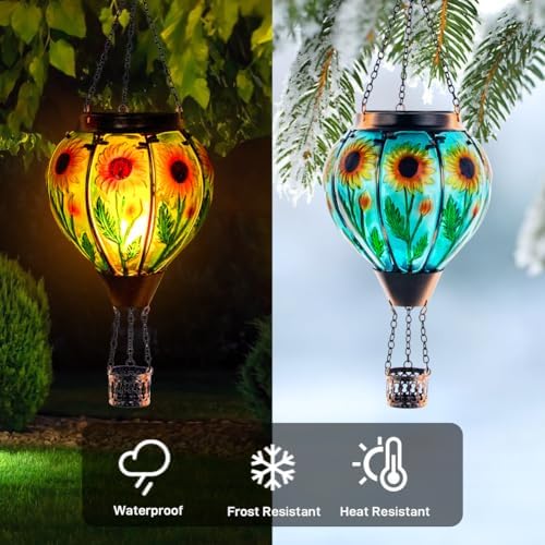 Starsoul 2 PC Sunflowers Hot Air Balloon Solar Lantern with Flame Glass Hanging Outdoor Hot Air Balloon Solar Light Waterproof Garden Patio Yard Party Decorations - Image 2
